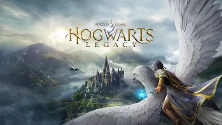 Hogwarts Legacy video game 2K Quad HD PC desktop wallpaper and background: winged rider overlooking Hogwarts castle across a misty valley under a stormy sky, game logo above.