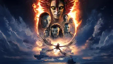 Avatar: Fire and Ash — 5K Ultra HD PC desktop wallpaper and background with fiery faces and characters rising from flames above a glowing horizon, a lone winged figure soaring forward.