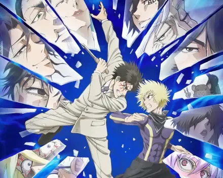 Anime HD PC desktop wallpaper/background: Ninja vs. Gokudo — a ninja and blond Gokudo clash midair amid blue shattered-glass rays, framed by intense rival portraits.