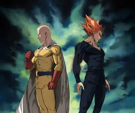 2K Quad HD anime desktop wallpaper of One-Punch Man: Saitama and Garou stand back-to-back against a stormy, dramatic sky, with intense lighting and detailed character art.