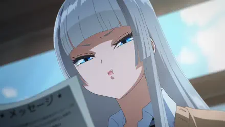 Anime HD PC wallpaper: Hikari Wanda from Wandance — silver-haired girl with blunt bangs and blue eyes, pouting while holding a newspaper against a bright, sky-lit background.