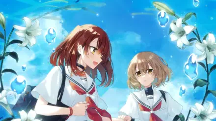 HD PC wallpaper: anime scene of Hinako Yaotose and Miko Yashiro from This Monster Wants to Eat Me, smiling in sailor uniforms beneath a bright blue sky dotted with white lilies.