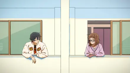 Anime HD desktop wallpaper of Let's Play duo Sam Young and Charles Jones leaning from adjacent balcony windows, he in a white jacket and she a bespectacled girl in a pink sweater.