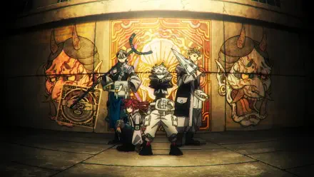 Anime Gachiakuta HD PC desktop wallpaper: four stylized heroes in bold poses before an ornate sunlit mural, warm golden tones and dramatic shadows.