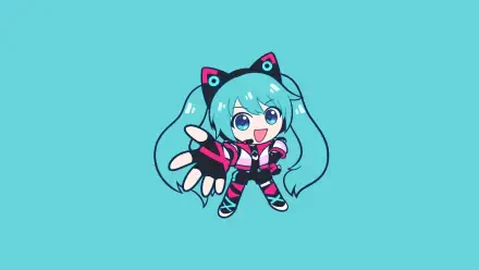 Chibi Hatsune Miku in Sonic Racing: CrossWorlds racing suit reaches forward on a teal HD PC desktop wallpaper background.