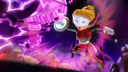 Princess Peach from Princess Peach Showtime! in red armor lunges at a glowing purple mech amid neon energy bursts — HD PC desktop wallpaper and background.