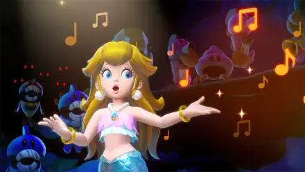 Princess Peach Showtime! HD PC desktop wallpaper: Princess Peach in a mermaid-style outfit singing on stage, arms outstretched with glowing musical notes and cheering shadowed characters behind her.