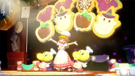 Princess Peach Showtime! HD PC desktop wallpaper: Princess Peach in a pink dress and hat onstage with two yellow helpers beneath hanging candy-ghost decorations and warm lights.