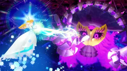 Princess Peach Showtime! HD PC desktop wallpaper background: Princess Peach in a white gown fires a sparkling magic beam at a purple masked mechanical foe amid neon lights and starry effects.