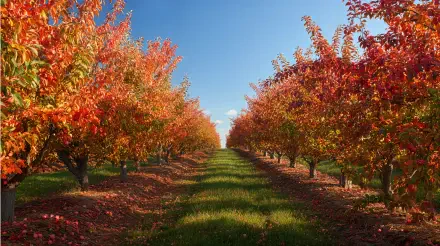 Rows of apple trees with red-orange autumn foliage forming a grassy avenue beneath a clear blue sky — 4K Ultra HD PC desktop wallpaper and background.