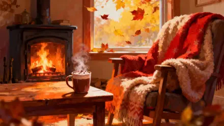 Cozy autumn aesthetic 4K Ultra HD PC desktop wallpaper: armchair draped in a knit blanket by a crackling fireplace, steaming mug on a wooden table, golden leaves drifting outside the window.