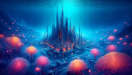 4K Ultra HD PC desktop wallpaper and background: neon futuristic city of cyan spires rising from a circuit-like seabed, surrounded by glowing pink bioluminescent orbs.