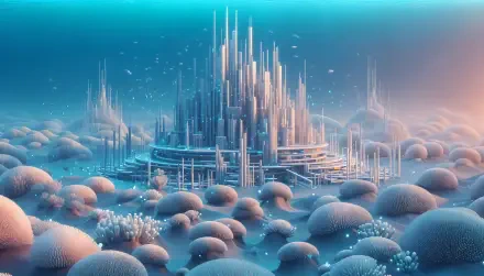 4K Ultra HD PC desktop wallpaper and background: a coral-hued futuristic city of spires rising from bulbous coral mounds under teal-pink light, surrounded by mist and floating particles.