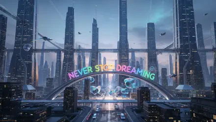 4K Ultra HD PC desktop wallpaper background: futuristic cityscape with neon arch reading Never Stop Dreaming, flying vehicles and towering skyscrapers — motivational.