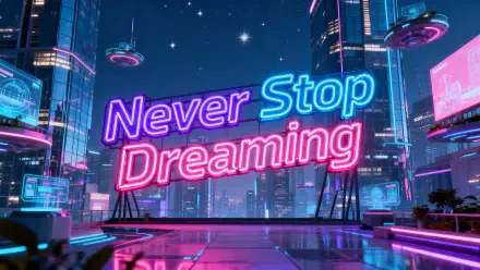 4K Ultra HD PC desktop wallpaper: neon Never Stop Dreaming sign in pink and blue over a futuristic cyberpunk cityscape, reflective rooftop and hovering vehicles — motivational background.
