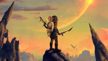 Predator: Badlands 4K Ultra HD PC desktop wallpaper — human warrior and Predator stand back-to-back on a rocky outcrop beneath a fiery sky with a distant planet and flying creatures.