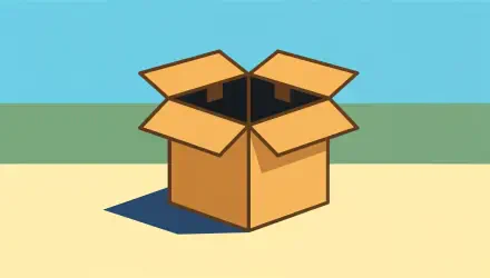 Open cardboard box cartoon on a sunny flat landscape with blue sky — 4K Ultra HD PC desktop wallpaper and background.