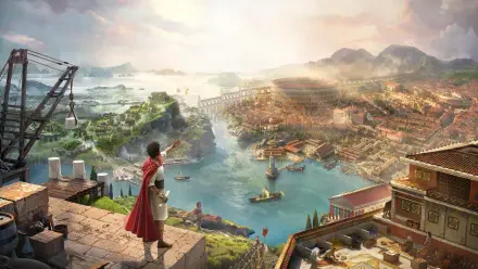 4K Ultra HD PC desktop wallpaper for the video game Anno 117: Pax Romana — a red-cloaked figure surveys a sunlit Roman-era coastal city with a busy harbor, aqueducts and distant hills.