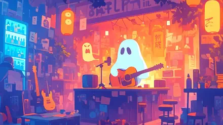 Cute ghost strumming a guitar in a neon, aesthetic anime bar — AI Art 2K Quad HD PC desktop wallpaper/background.