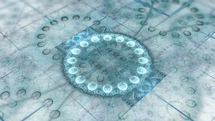 Abstract geometric fractal in icy teal: central glowing ring of orbs over layered grid and crystalline patterns — 4K Ultra HD PC desktop wallpaper background.