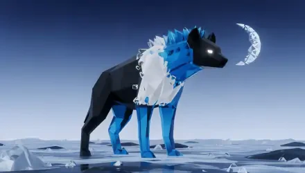 Low-poly blue-and-black hyena on an icy plain beneath a crescent moon — 4K Ultra HD PC desktop wallpaper/background.