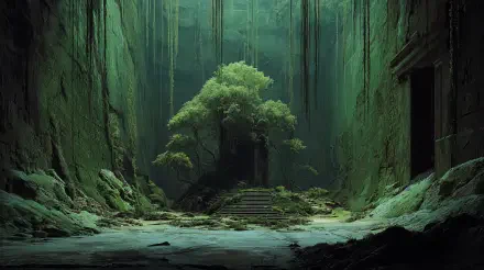 4K Ultra HD PC desktop wallpaper/background: lone tree glowing within moss-covered, entropy-worn ruins inside a vast, shadowed green cavern.