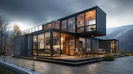 4K Ultra HD PC desktop wallpaper of a man-made modern container house with glass walls and lit interior on a lakeside deck against misty mountains.