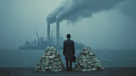 Businessman in hat with briefcase stands by water between piles of cash, facing smokestacks belching smoke — 4K Ultra HD PC desktop wallpaper/background illustrating commercial exploitation.