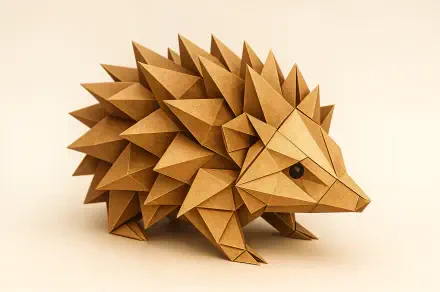 Geometric folded-paper hedgehog in warm beige tones, presented as a 4K Ultra HD PC desktop wallpaper and background.