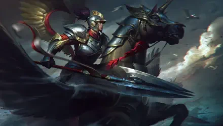 8K Ultra HD PC wallpaper of Xin Zhao from League of Legends — armored knight charging on a warhorse, lance raised beneath stormy skies.