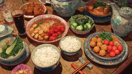4K Ultra HD PC desktop wallpaper and background showing Chinese food: bowls of rice, tofu, greens, cherry tomatoes and fried dumplings arranged on a wooden table with porcelain dishes.