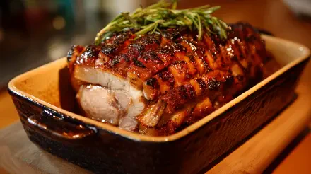 4K Ultra HD PC desktop wallpaper background of glazed roast pork with crispy crackling and rosemary in a roasting pan, close-up food image.