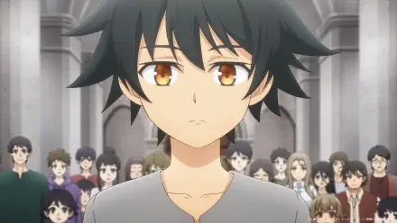 Anime HD PC desktop wallpaper/background featuring Arel from Hero Without a Class: Who Even Needs Skills?! — close-up of Arel with spiky black hair and amber eyes before a crowd in a hall.