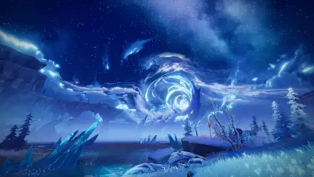 HD PC desktop wallpaper of Duet Night Abyss video game: icy coastal gaming environment beneath a starry night, with crystalline shards and a glowing spiral portal hovering over the horizon.