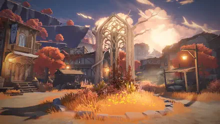 Video game HD PC Desktop Wallpaper and Background — Duet Night Abyss: sunlit ruined cathedral courtyard with autumn trees, warm glow and village buildings under a dramatic evening sky.