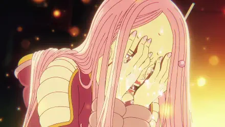 Jewelry Bonney from One Piece in a sad anime close-up, hands covering her tearful face against warm glowing bokeh — 4K Ultra HD PC desktop wallpaper.