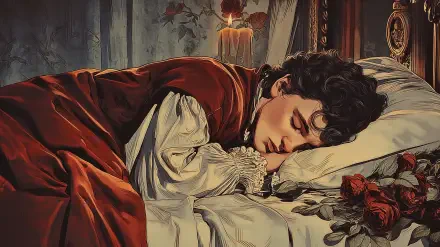 Sleeping figure in a dark-fantasy scene on a rotting bed, candlelight and wilted roses — 2K Quad HD PC desktop wallpaper and background.