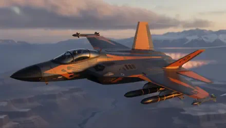 4K Ultra HD PC desktop wallpaper background: sleek jet fighter flying over mountains at sunset, detailed cockpit and mounted weapons.