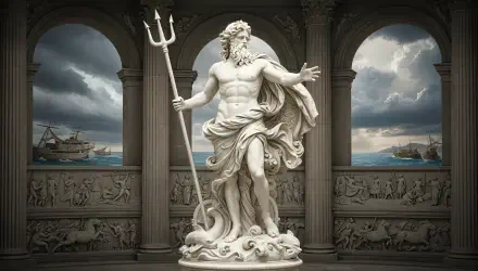 4K Ultra HD PC desktop wallpaper of a marble Poseidon statue with trident, set against arched seascape windows, stormy sky and distant ships.