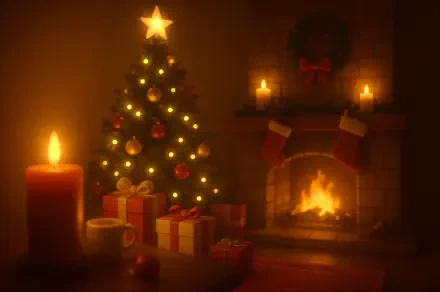 4K Ultra HD PC desktop wallpaper showcasing a warm Christmas aesthetic: a lit tree with star, wrapped gifts, glowing fireplace, candle and wreath casting cozy light.