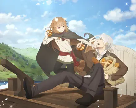 2K Quad HD PC desktop wallpaper: Anime scene from Spice and Wolf — Holo with wolf ears and a mug of ale smiles beside Kraft Lawrence on a sunlit dock, bread spilling from his satchel.