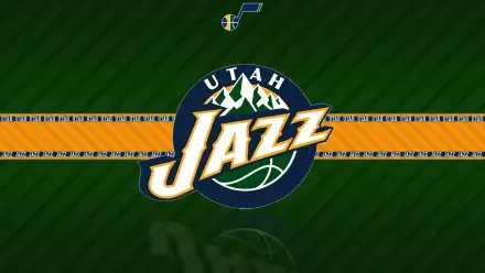 Utah Jazz NBA logo centered on green striped field with an orange horizontal stripe and small team note above — HD PC desktop wallpaper background.