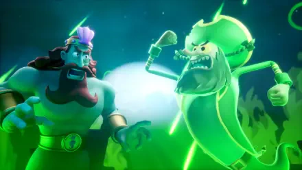 HD PC desktop wallpaper from the video game SpongeBob SquarePants: Titans of the Tide showing a glowing green Flying Dutchman confronting a furious King Neptune against a stormy sea backdrop.