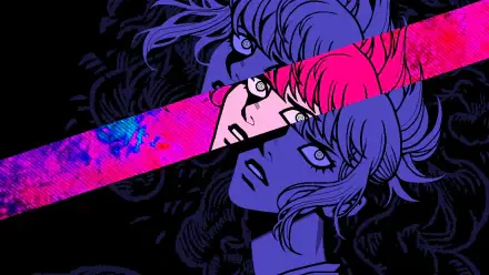 4K Ultra HD PC desktop wallpaper for the video game Demonschool: stylized split-faced character portrait in neon pink and blue with a diagonal glitch stripe over a dark, ornate background.