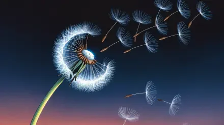 4K Ultra HD PC desktop wallpaper and background: a luminous dandelion head releasing delicate, wispy seeds drifting across a dusky gradient sky at sunset.
