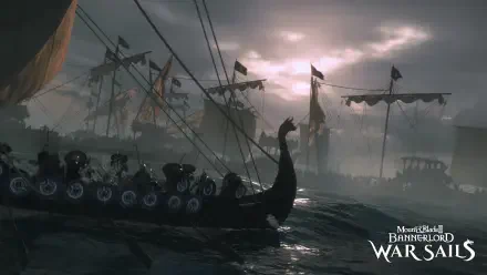 HD PC desktop wallpaper for the video game Mount & Blade II: Bannerlord - War Sails showing silhouetted longships with dragon prows and shield-lined hulls steaming through dark, stormy waters at dusk.