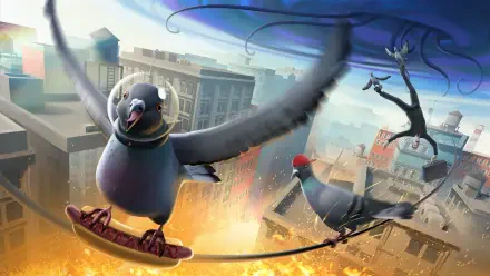 2K Quad HD PC desktop wallpaper for the video game Pigeon Simulator: a pigeon on a hoverboard with gear glides over a fiery cityscape as another pigeon soars nearby.