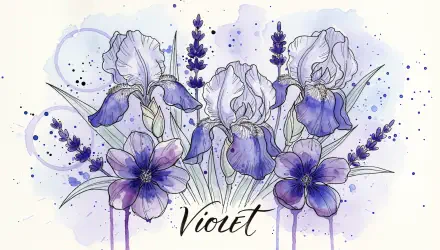 Violet watercolor floral 4K Ultra HD PC desktop wallpaper: hand-painted irises, violets and lavender sprigs in purple hues, paint splatters and handwritten Violet title.