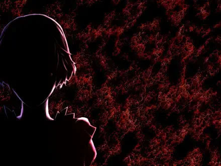 Dark HD PC desktop wallpaper and background from the video game The Song of Saya: a silhouetted girl in profile against a writhing blood-red textured backdrop.