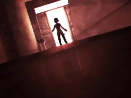 HD PC desktop wallpaper from the video game The Song of Saya — a silhouetted figure stands in a doorway, red-tinted light and a glossy floor reflecting an eerie, unsettling scene.